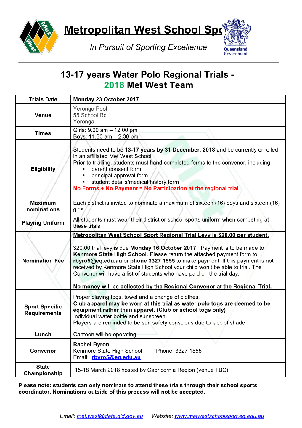 13-17 Years Water Polo Regional Trials