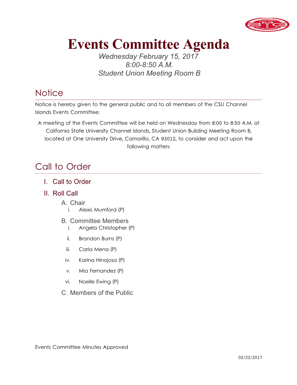 Events Committee Agenda