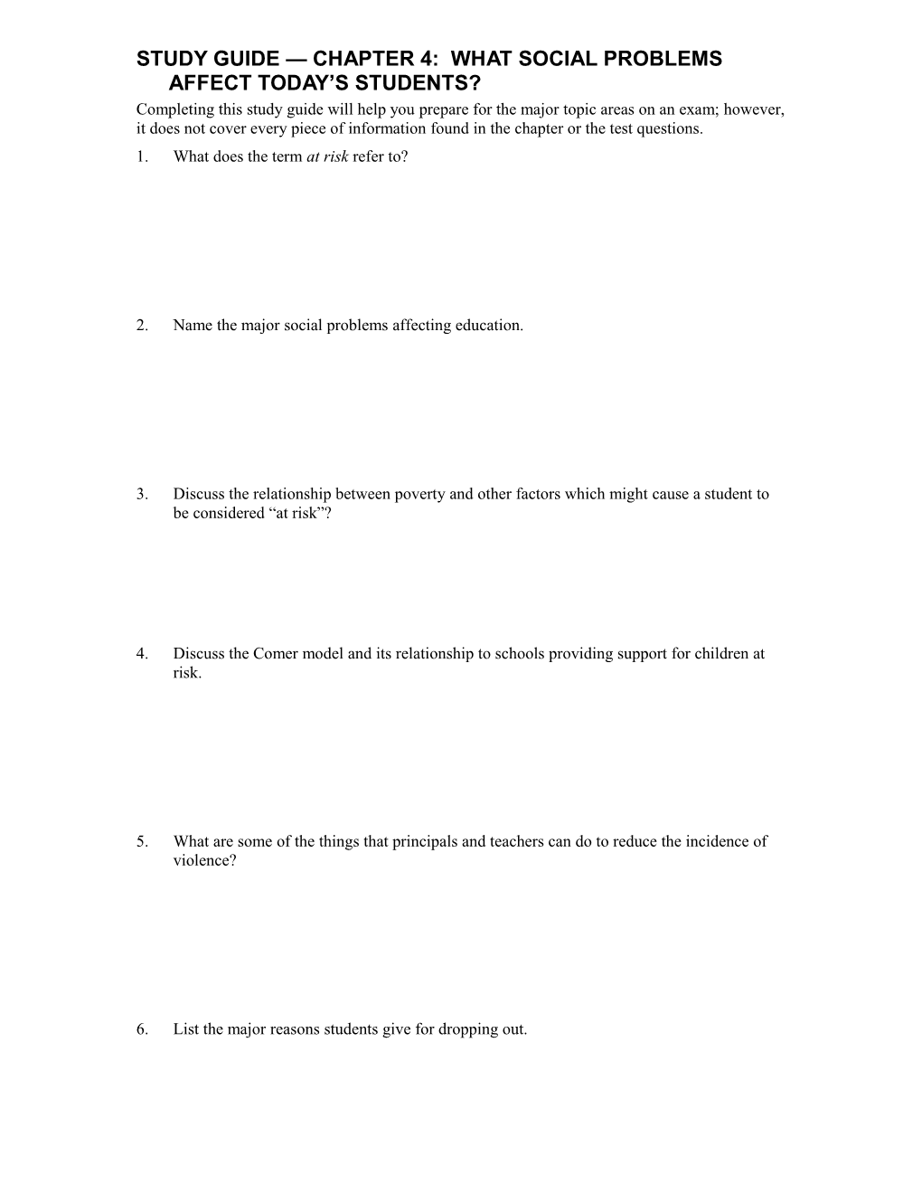Study Guide — Chapter 4: What Social Problems Affect Today’S Students