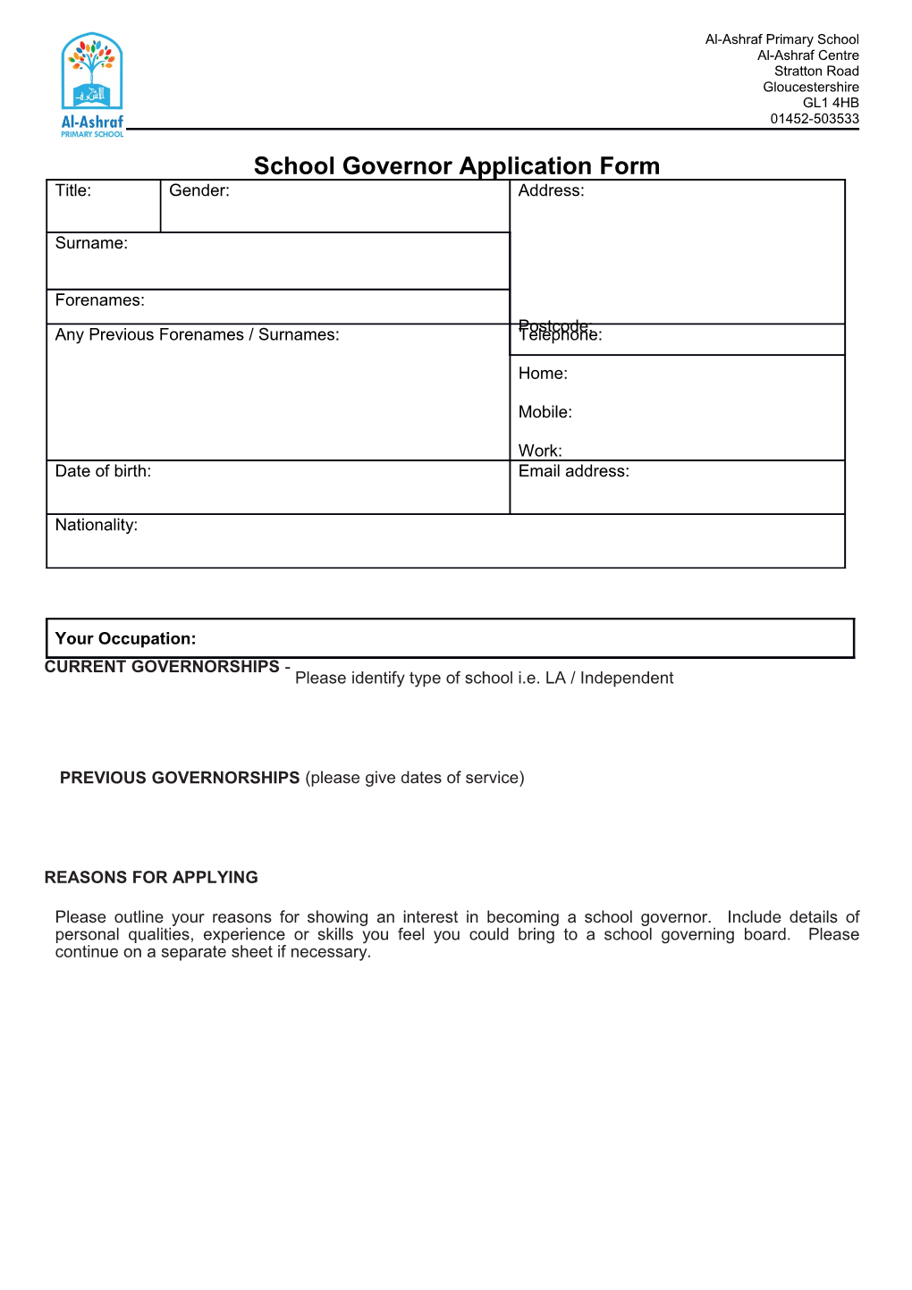 School Governor Application Form