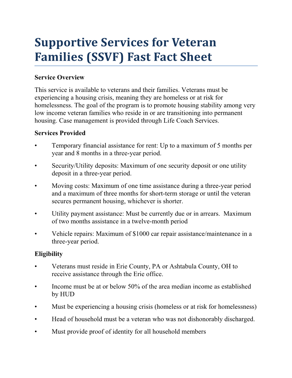 Supportive Services for Veteran Families (SSVF) Fast Fact Sheet