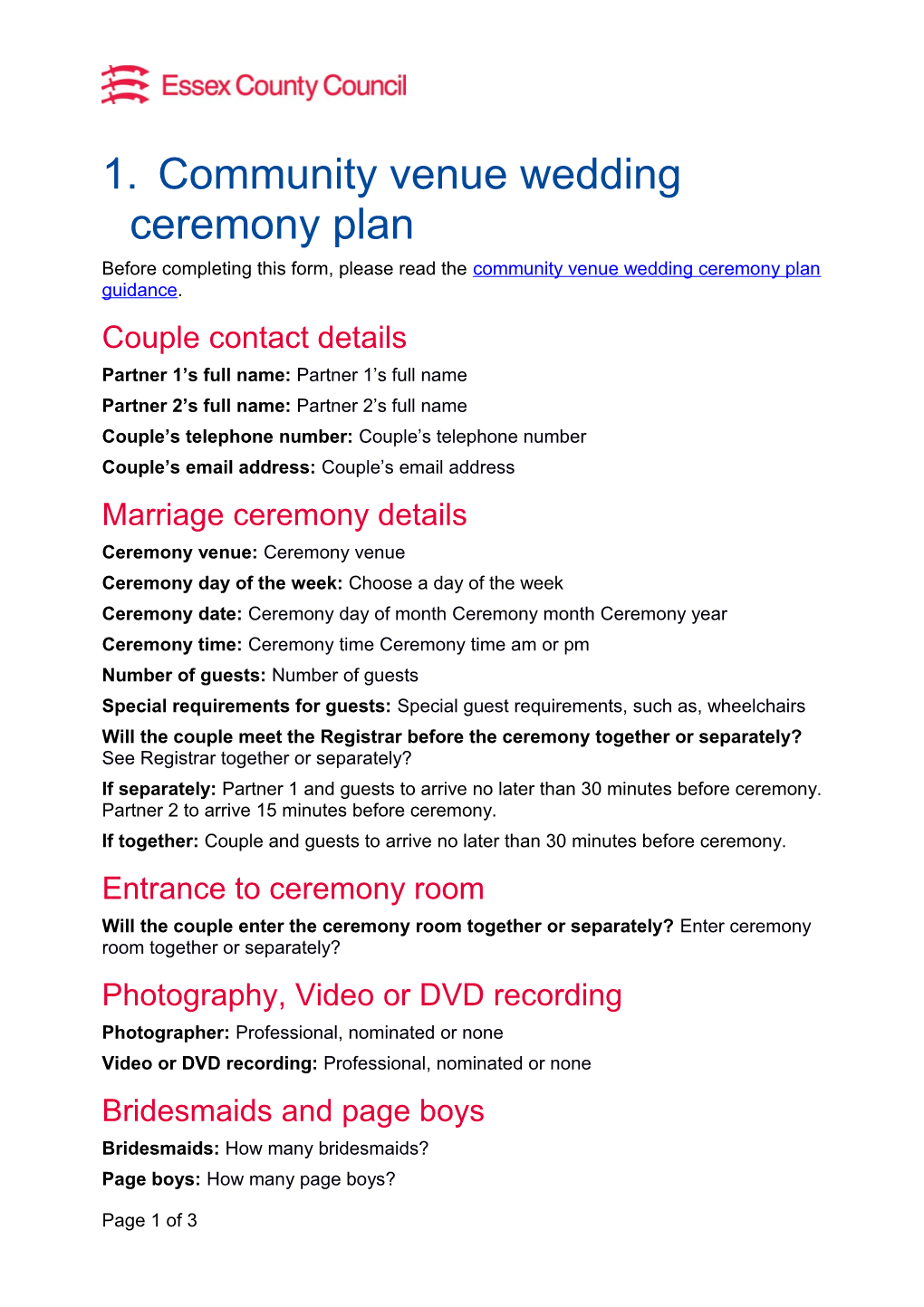 Essex County Council Community Venue Wedding Ceremony Plan