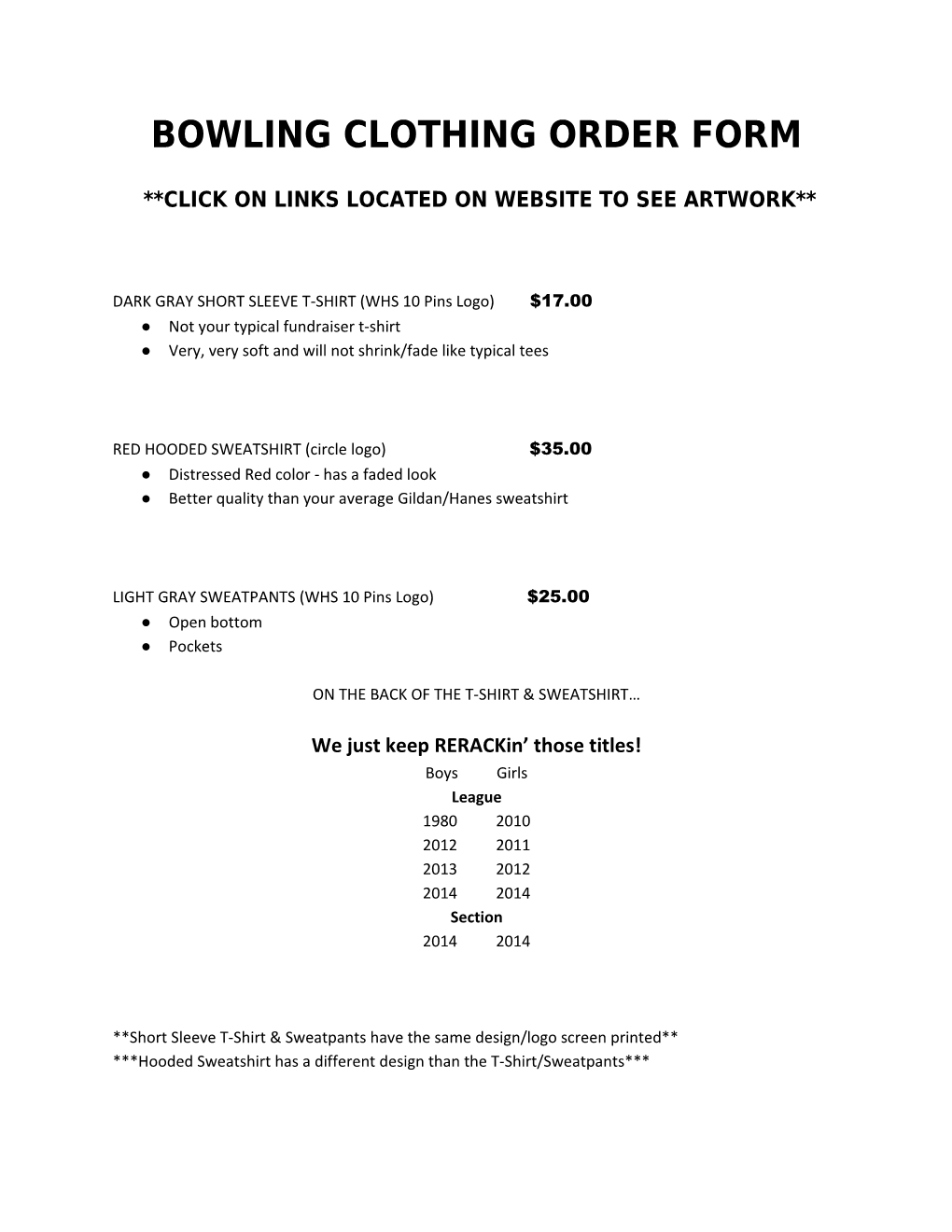 Bowling Clothing Order Form