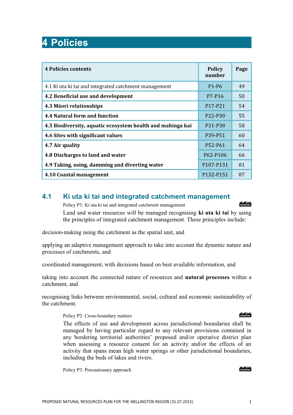 Policy P1: Ki Uta Ki Tai and Integrated Catchment Management