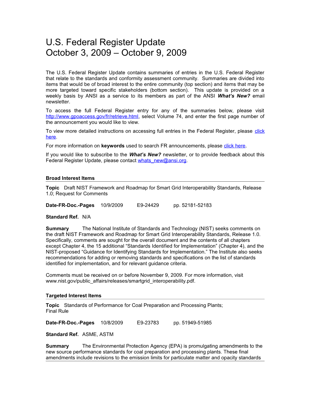 Standards and Trade Related Notices from the U.S. Federal Register, 10.09.09