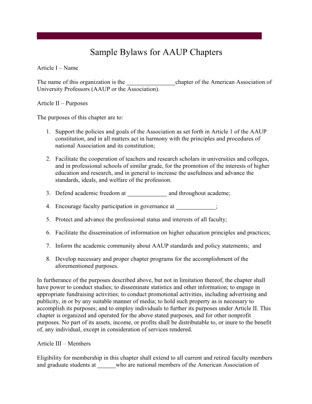 Recommended Bylaws for AAUP Chapters