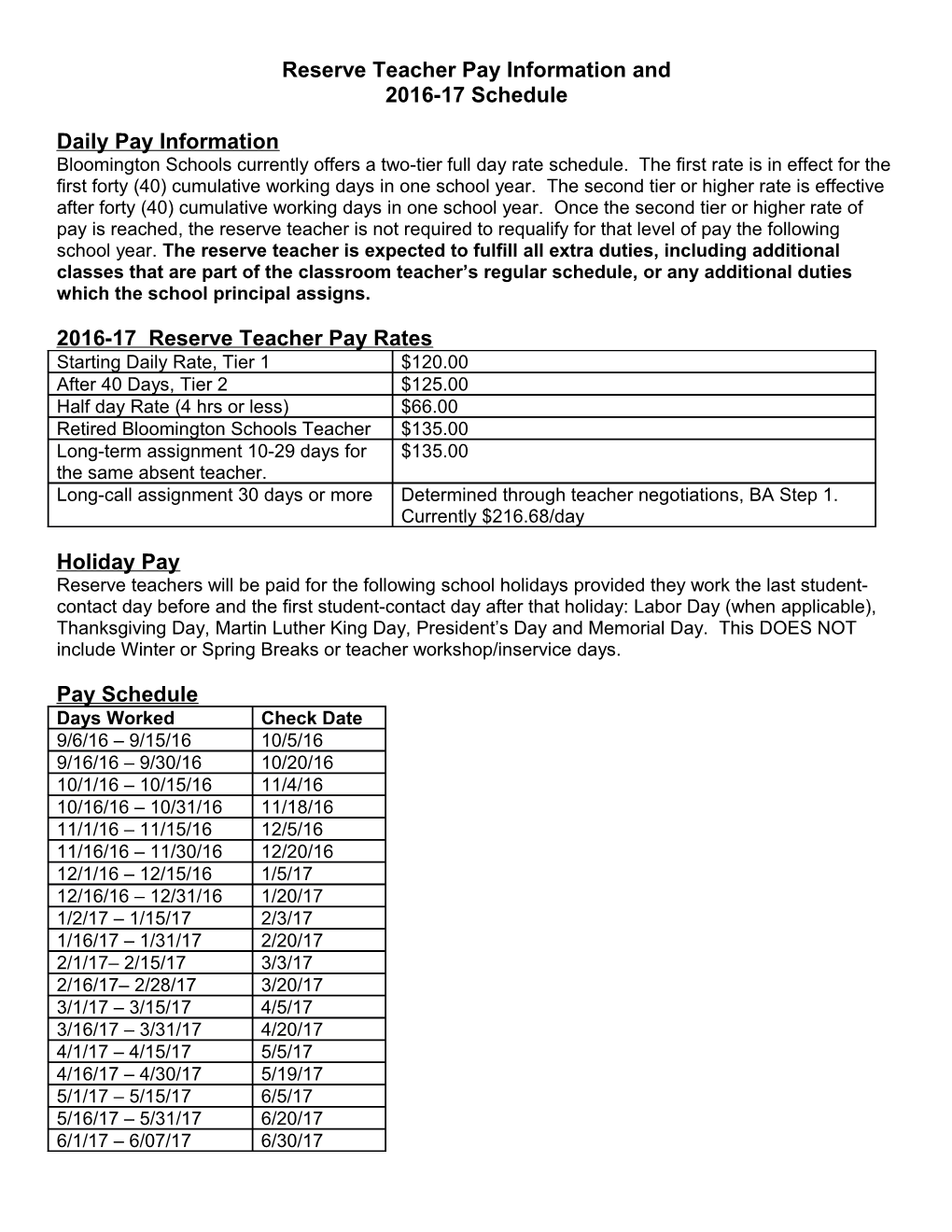 Reserve Teacher Pay Information And