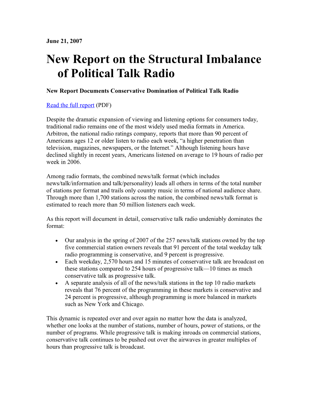 New Report on the Structural Imbalance of Political Talk Radio