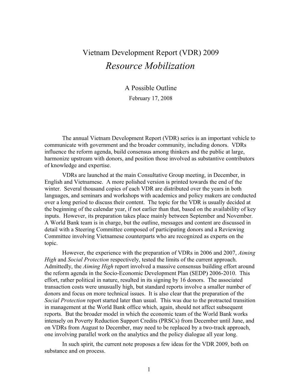 Inputs for Vietnam Development Report 2009