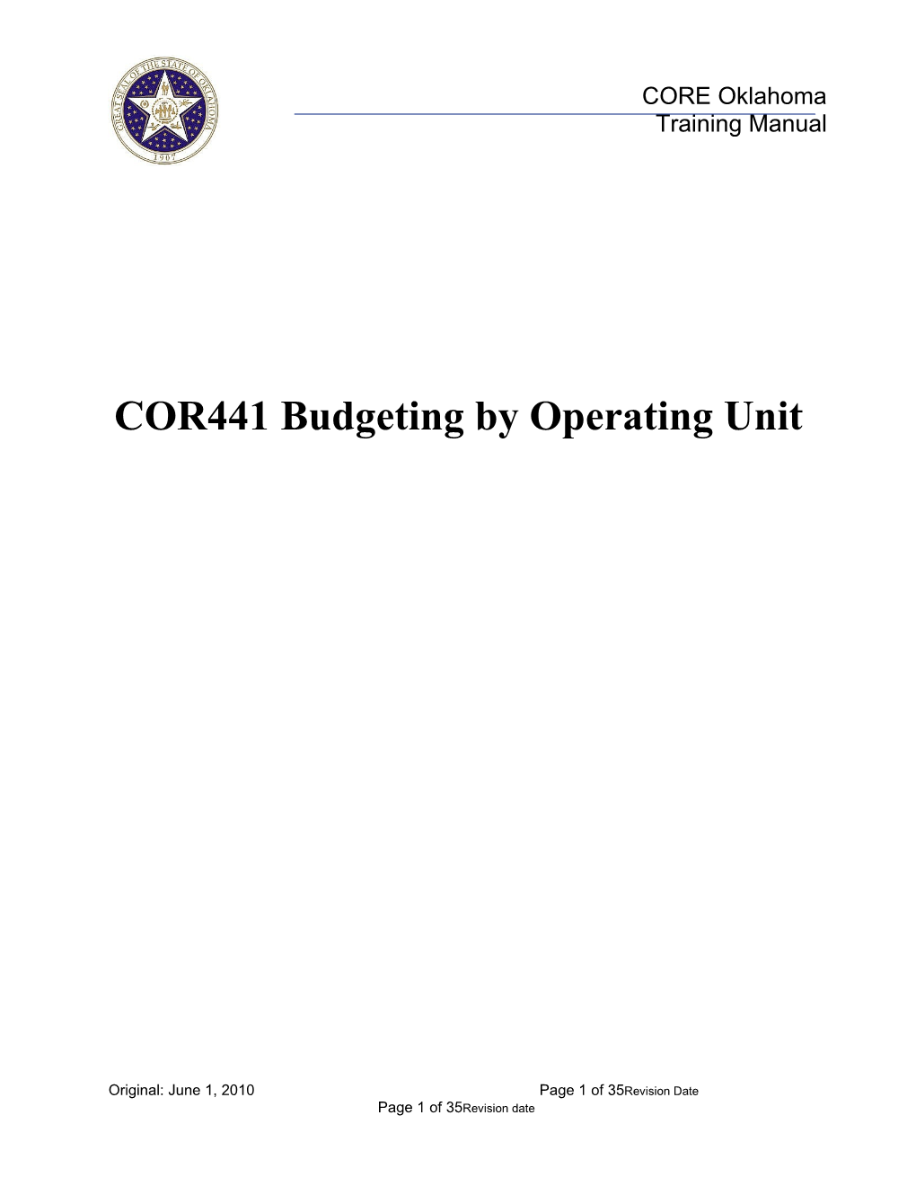 COR441 Budgeting by Operating Unit