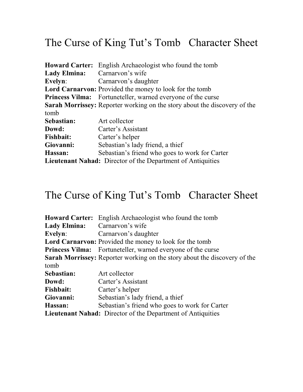 The Curse of King Tut S Tomb Character Sheet