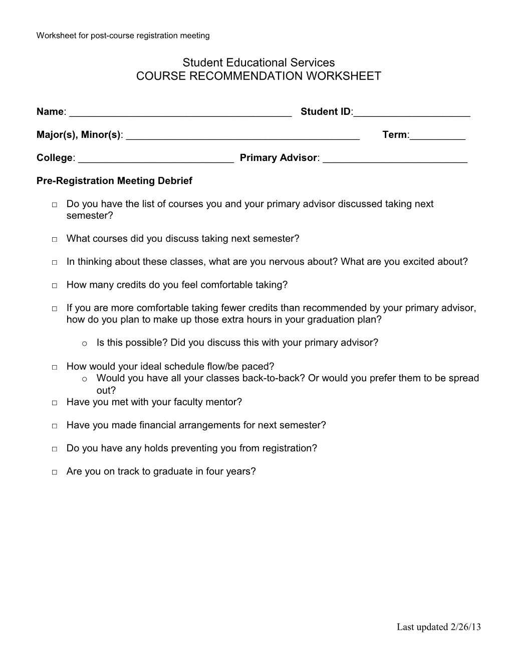 Worksheet for Post-Course Registration Meeting