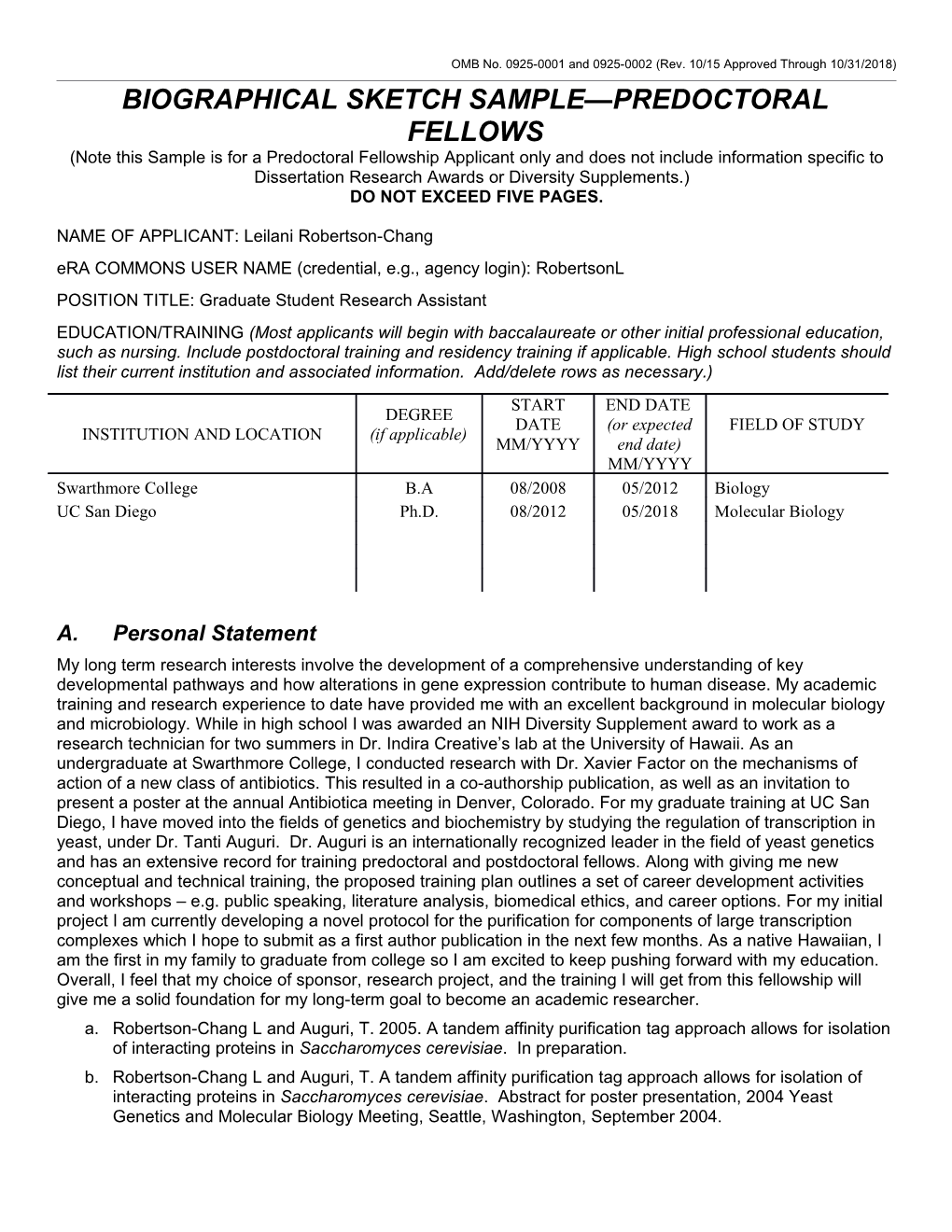 OMB No. 0925-001 (Rev. 08/12), Biographical Sketch Format Page