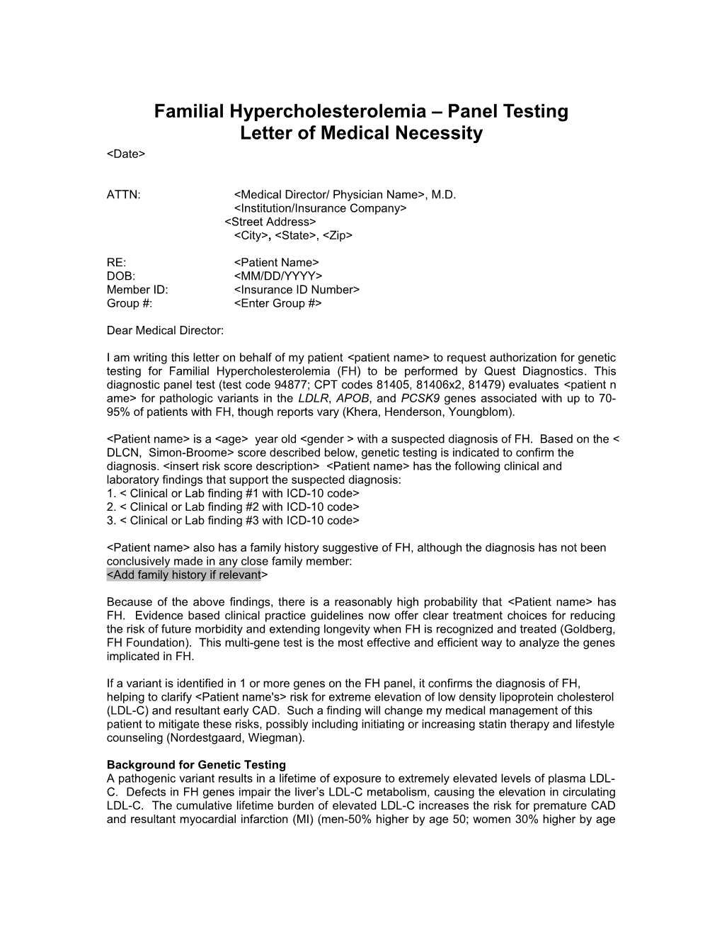 Familial Hypercholesterolemia Panel Testing Letter of Medical Necessity