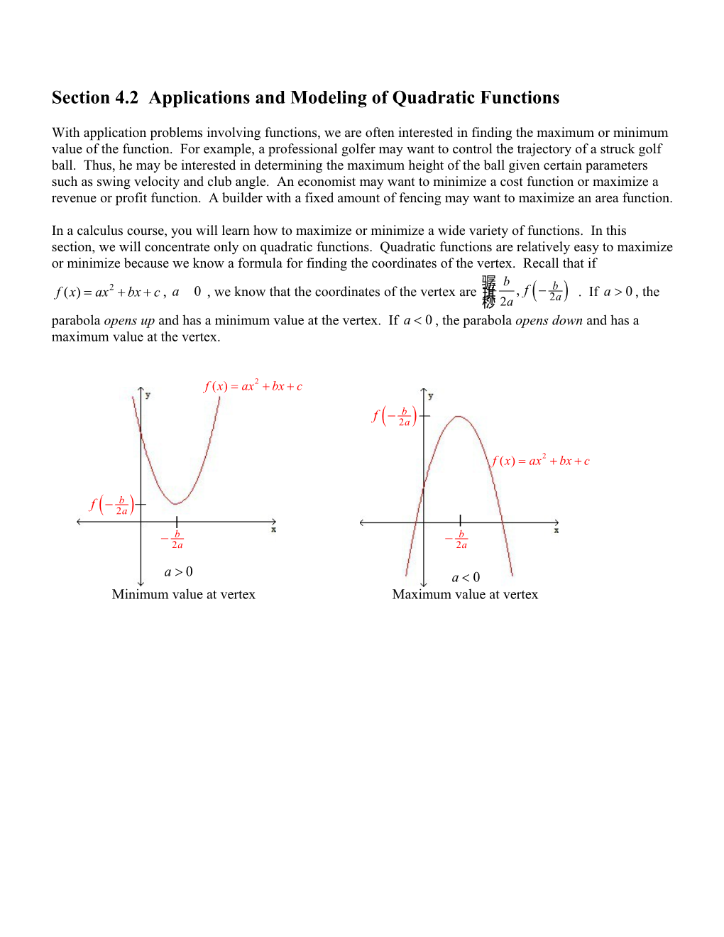 Section 4.2 Applications and Modeling of Quadratic Functions