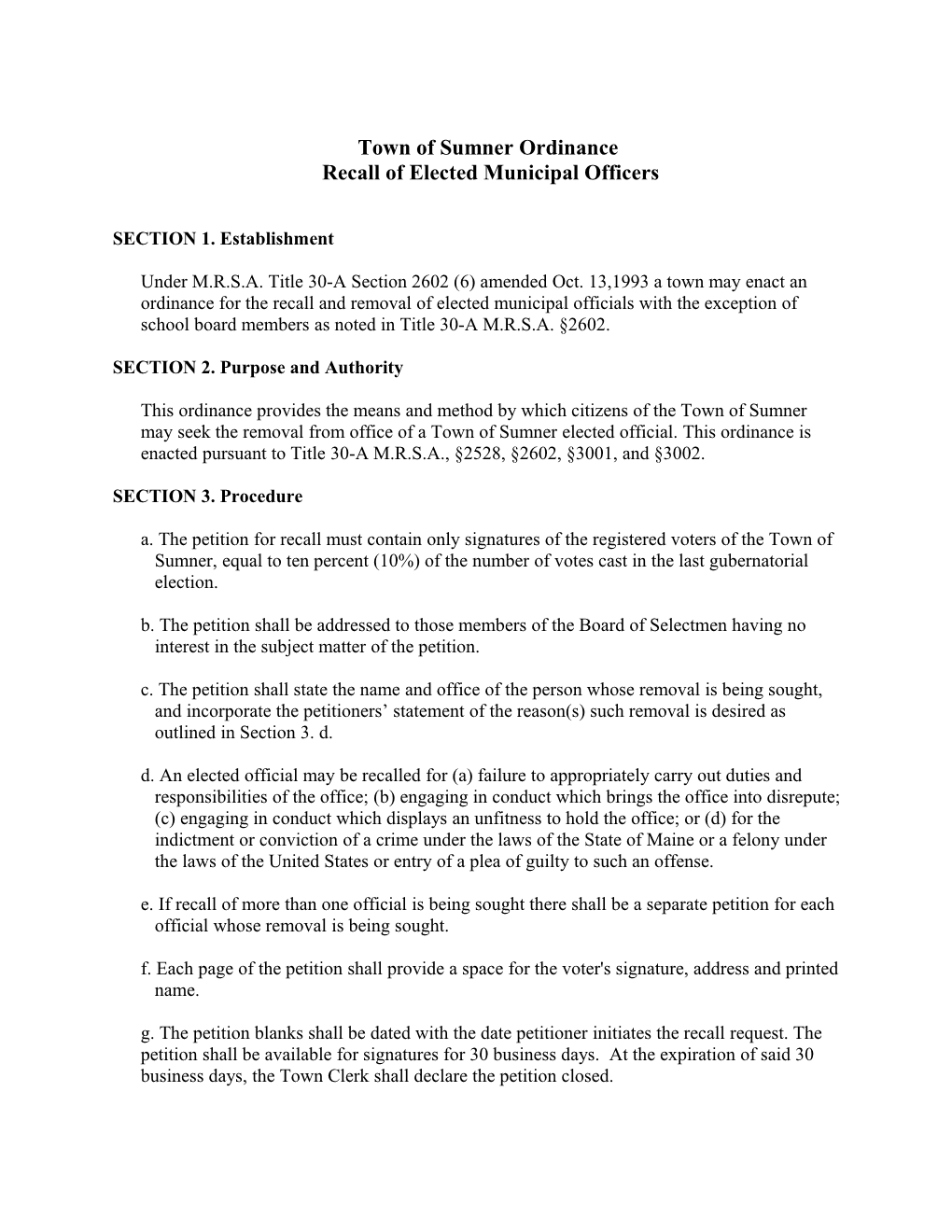 Town of Sumner Ordinance