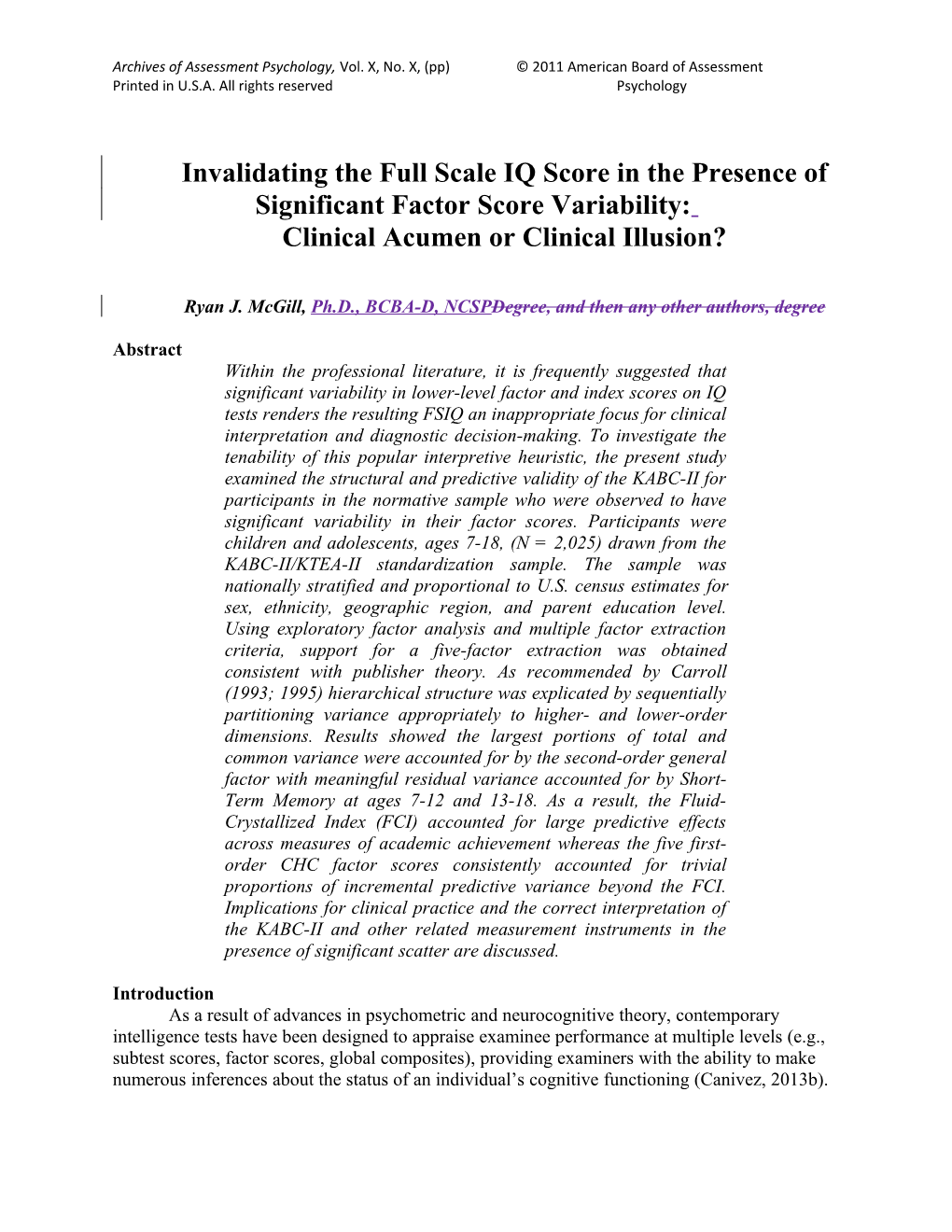 Invalidating the Full Scale IQ Score in the Presence of Significant Factor Score Variability