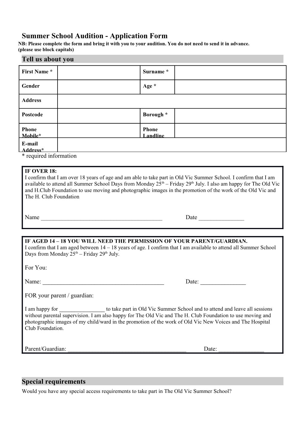 Summer School Audition - Application Form