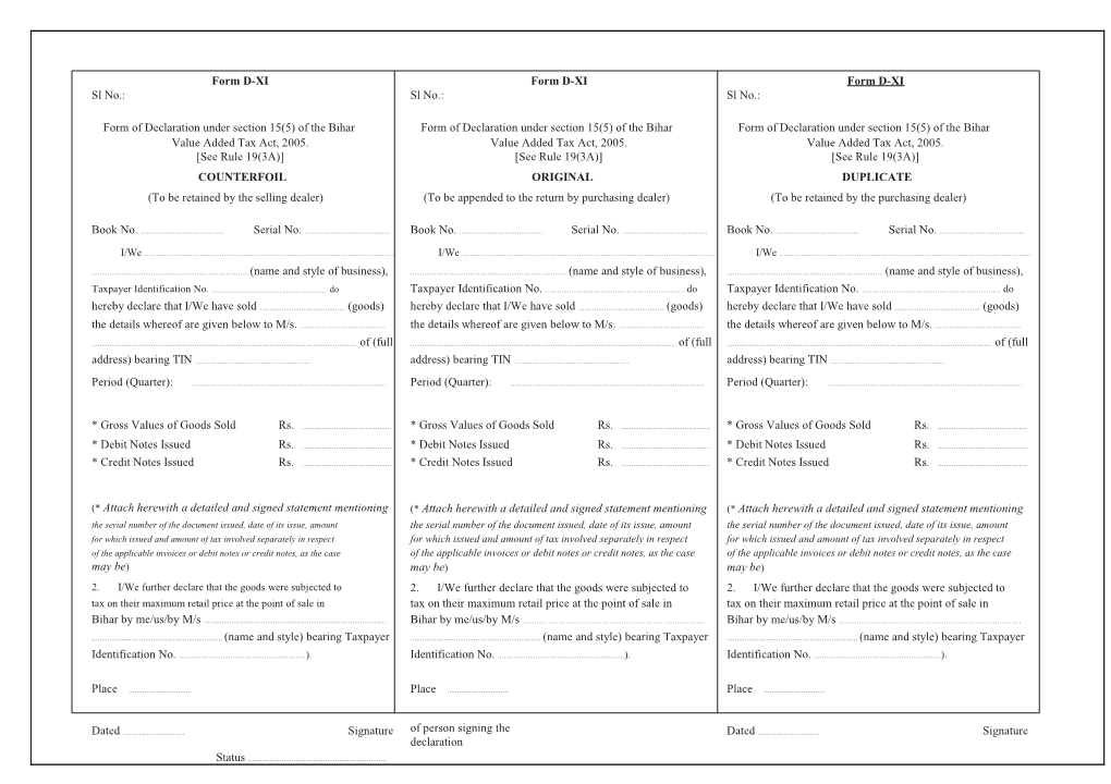 Form of Declaration Under Section 15(5) of the Bihar