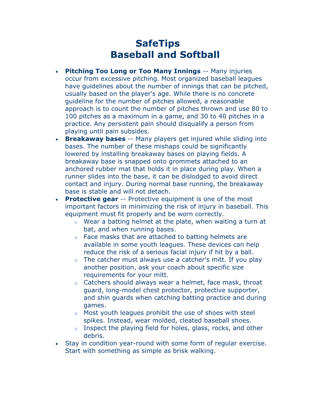 Safetipsbaseball and Softball