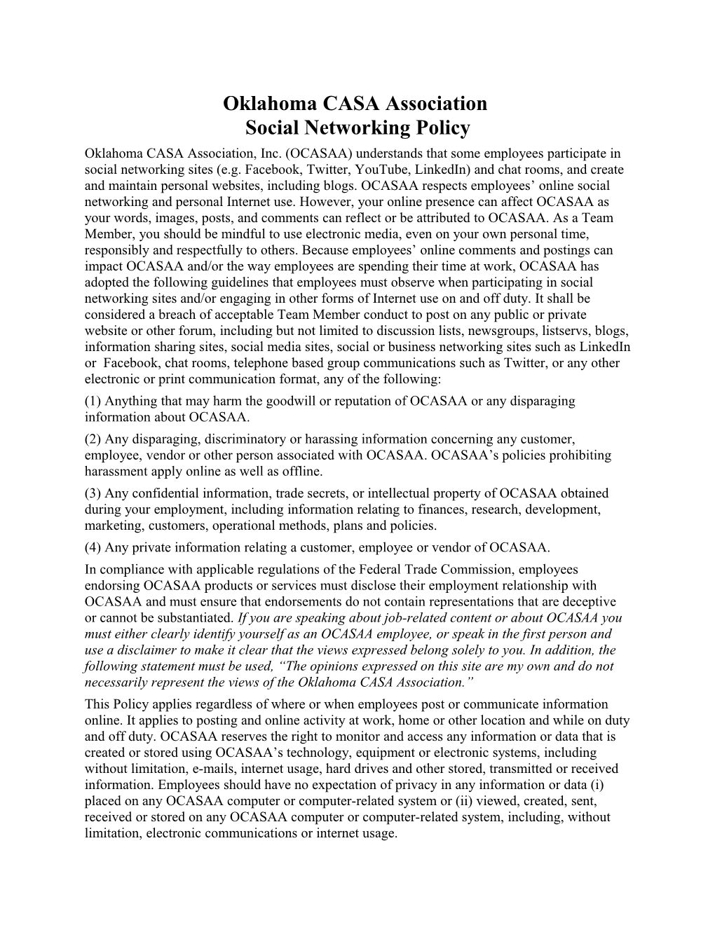 Oklahoma CASA Association Social Networking Policy