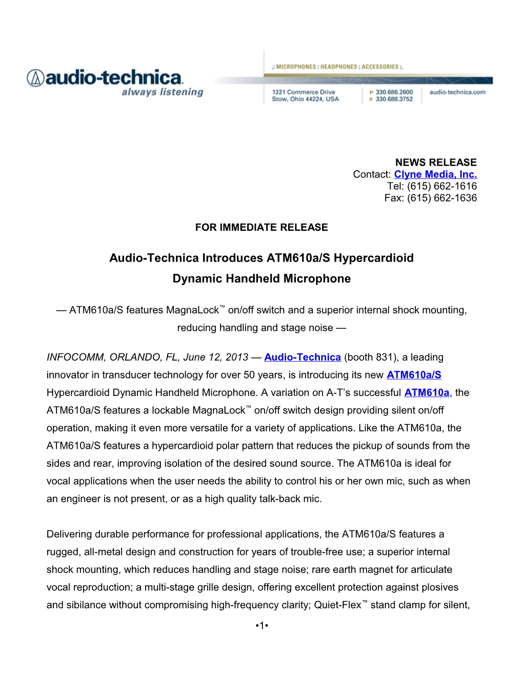 Audio-Technica Introduces Atm610a/S Hypercardioid