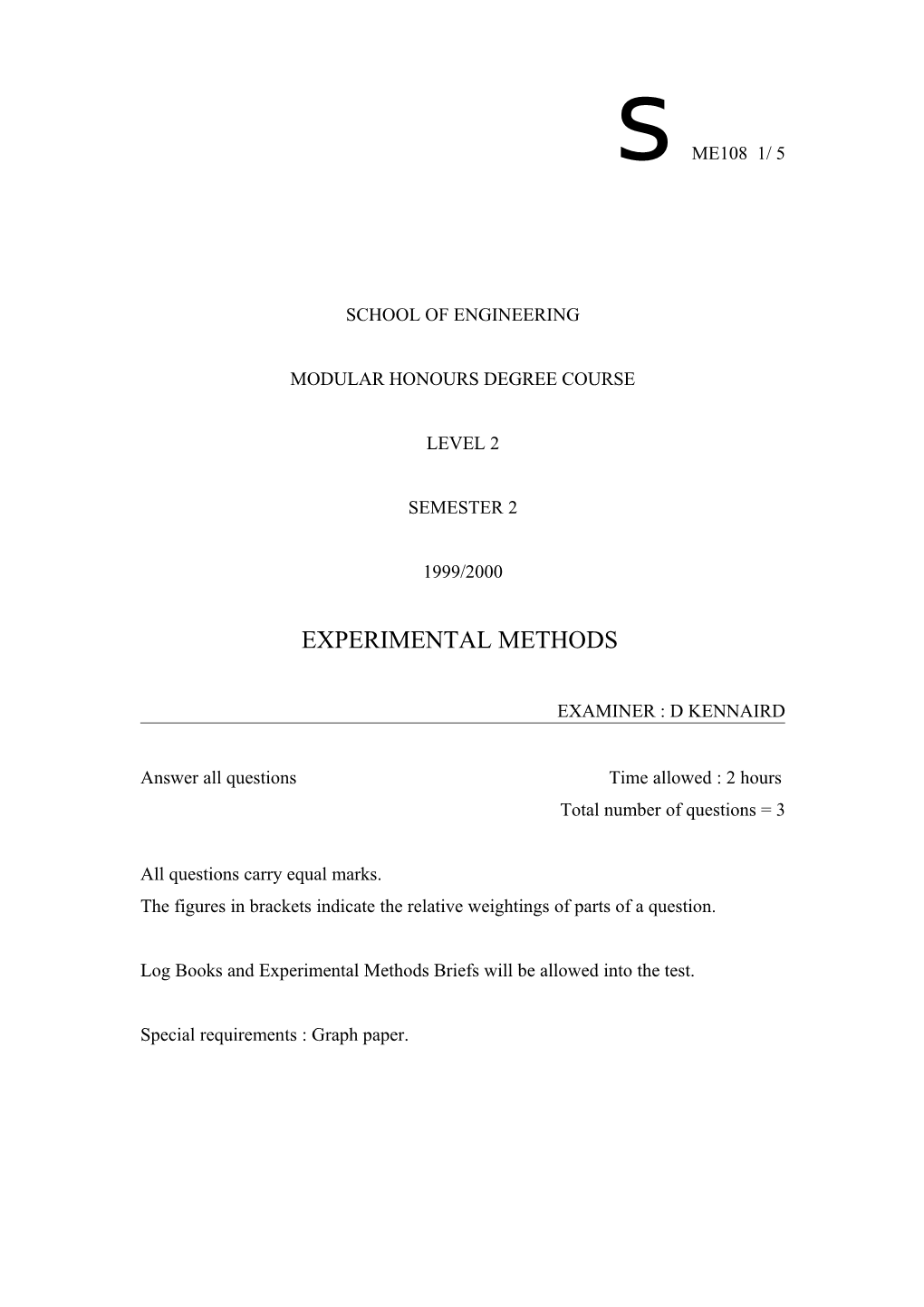 Beng 1 Experimental Methods Questions 99/00