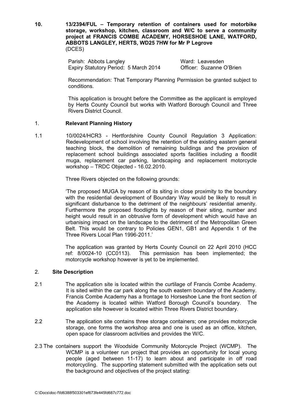 Report: Planning Cttee 20.02.14: Part I - ( ) 13 2394 Ful - Francis Combe Academy - Horseshoe