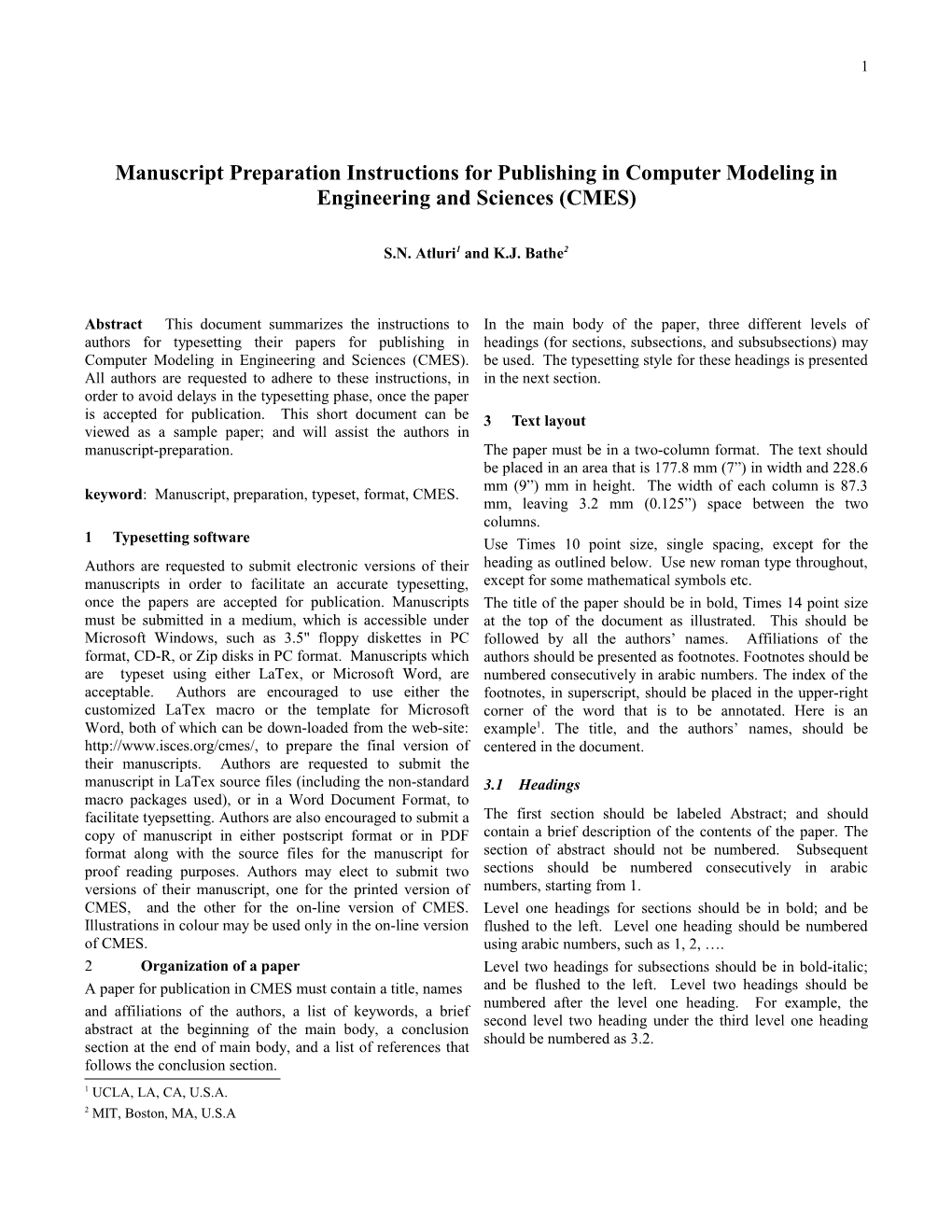 Manuscript Preparation Instruction for Publishing in Computer Modeling in Engineering And s1