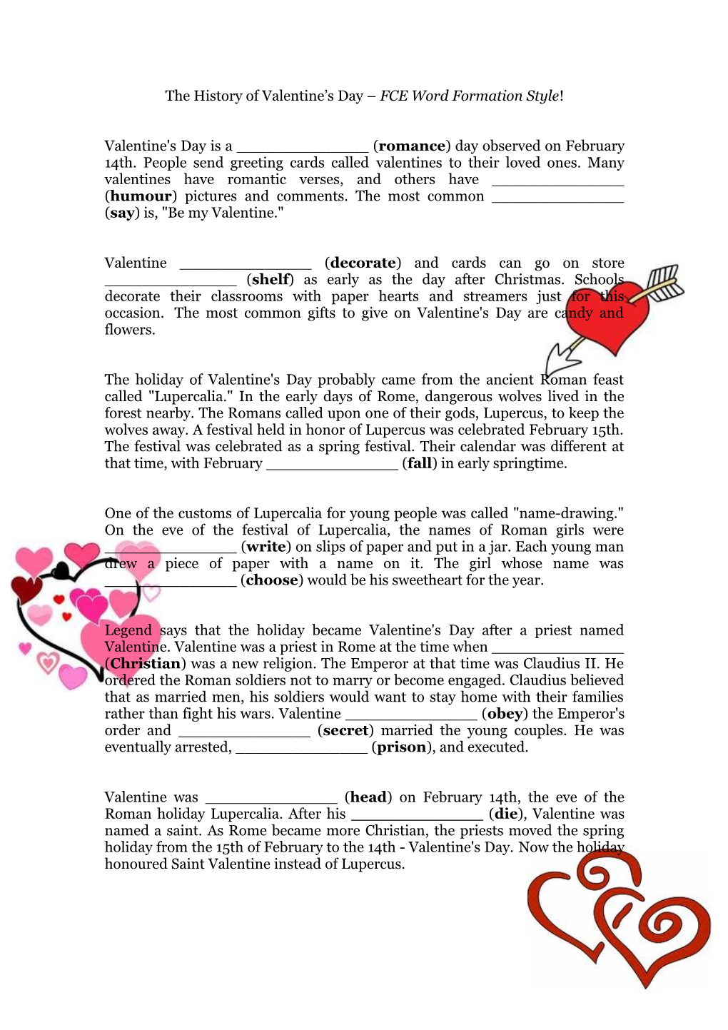 The History of Valentine S Day FCE Word Formation Style