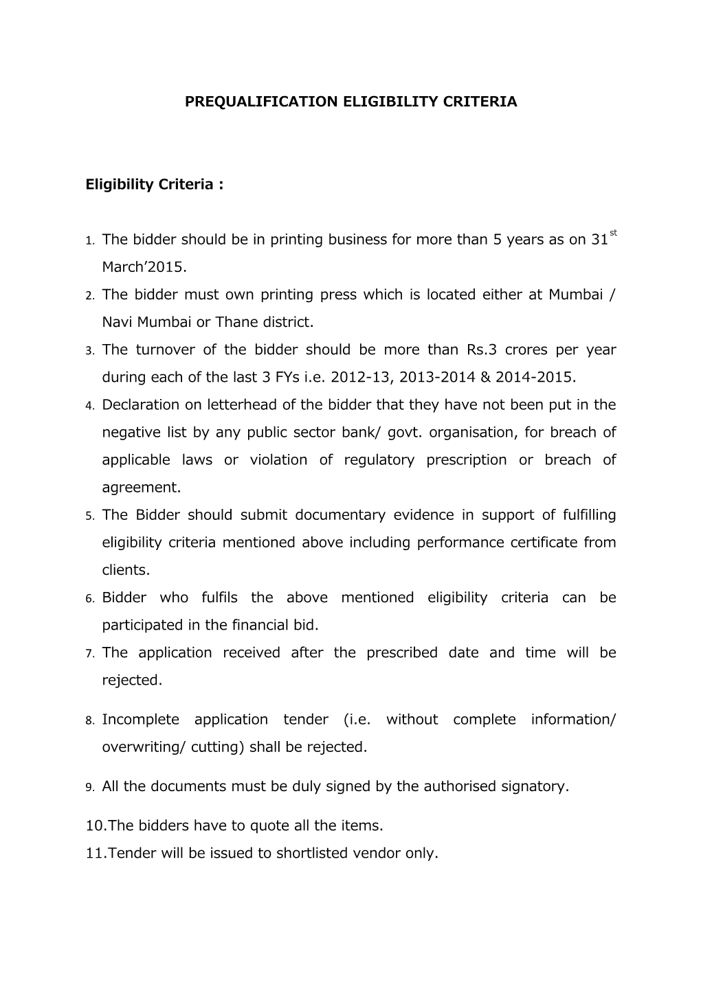 Prequalification Eligibility Criteria