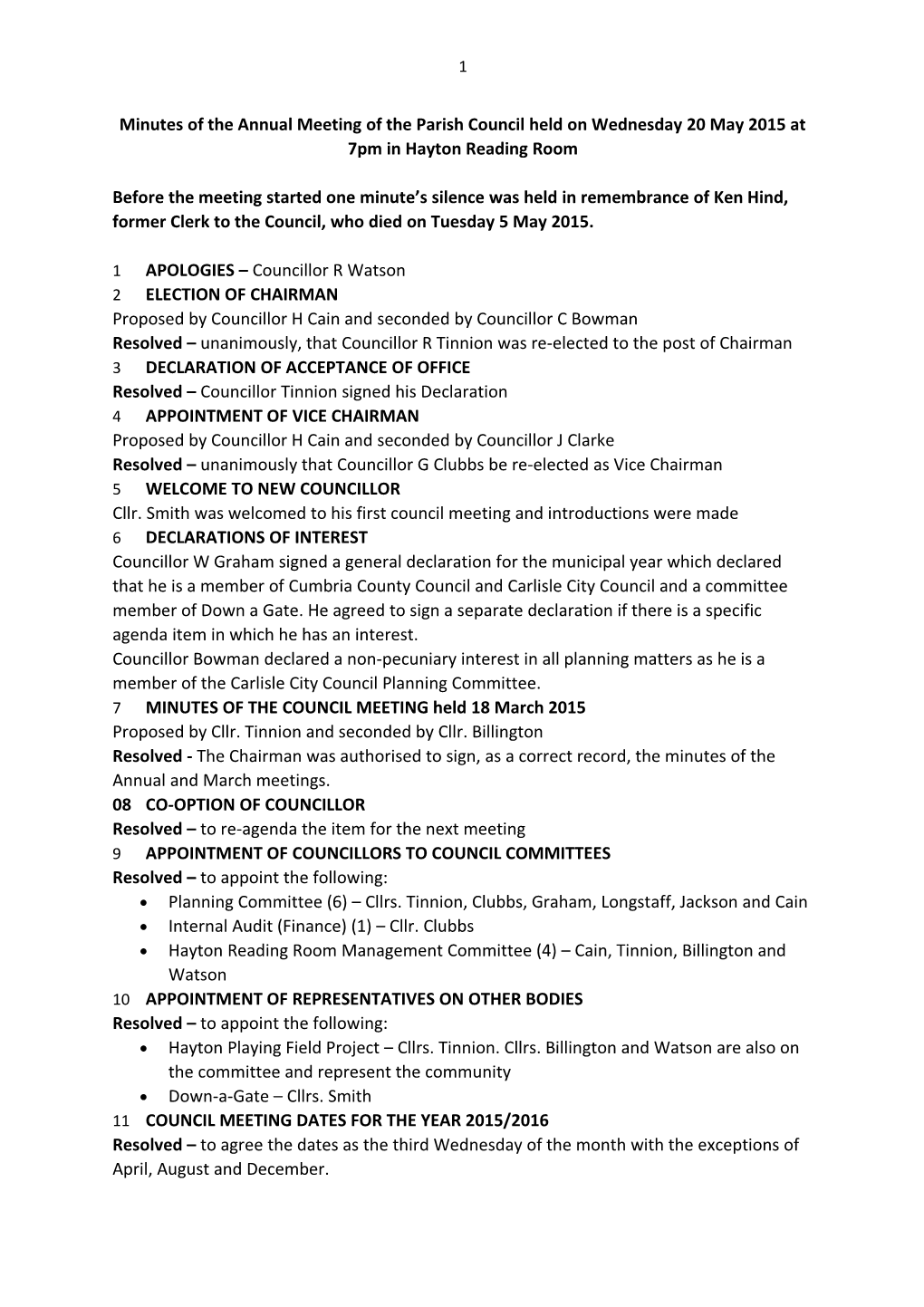 Minutes of the Annual Meeting of the Parish Council Held on Wednesday 20 May 2015 at 7Pm