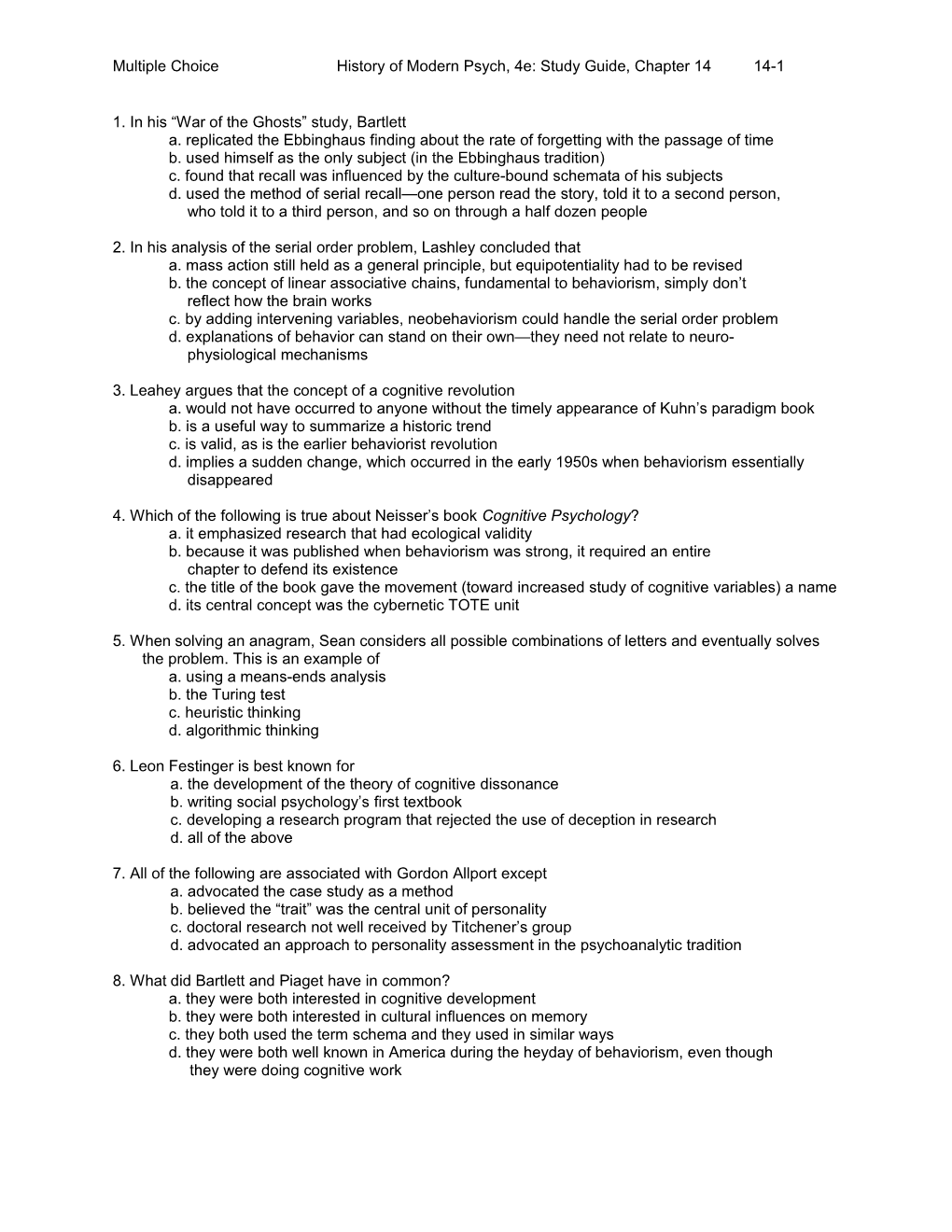 Multiple Choice History of Modern Psych, 4E: Study Guide, Chapter 14 14-2