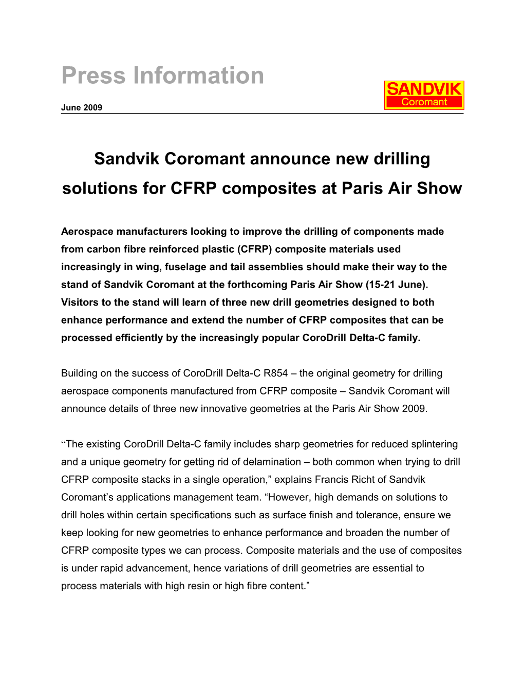 Sandvik Coromant Announce New Drilling Solutions for CFRP Composites at Paris Air Show