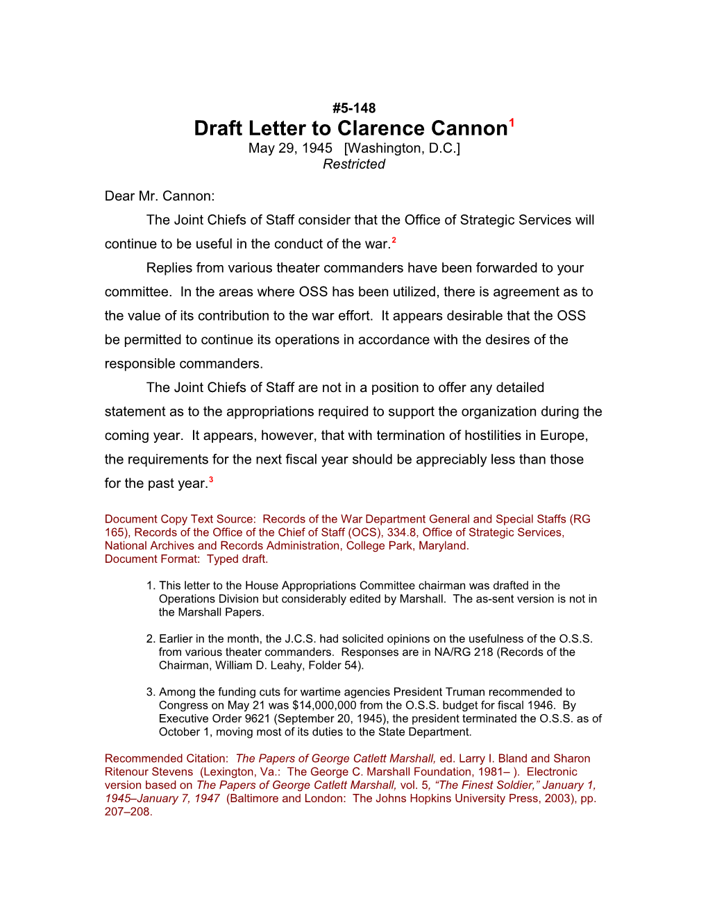 Draft Letter to Clarence Cannon1