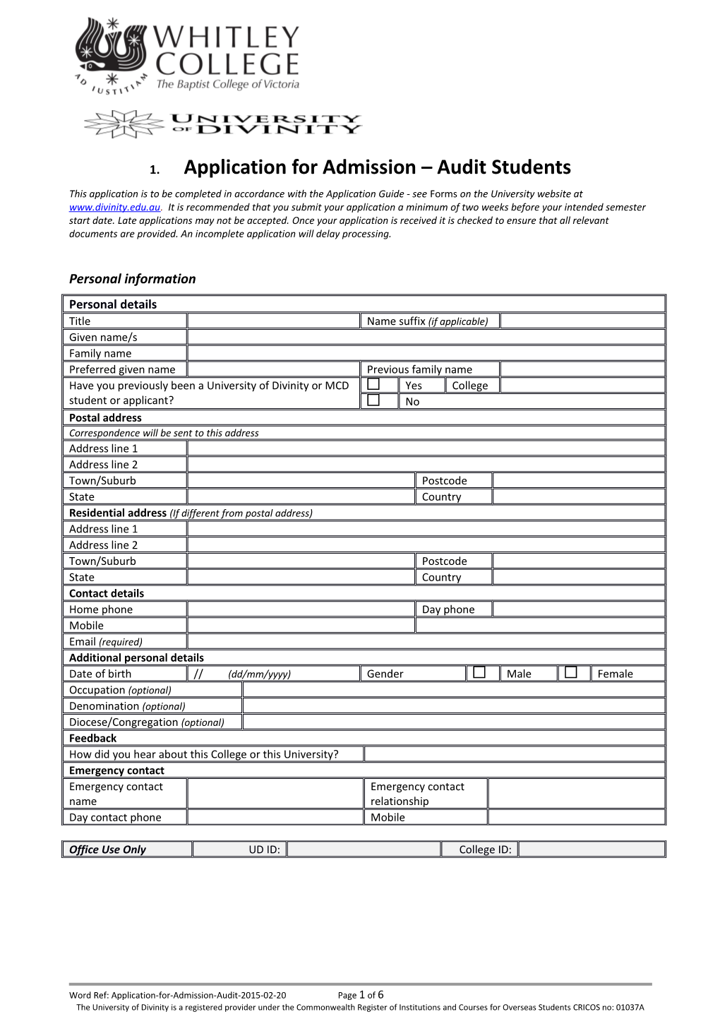 Application for Admission Audit Students