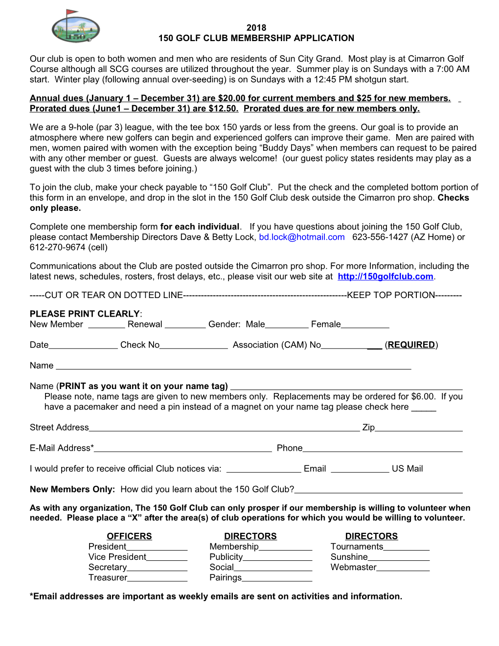 150 Golf Club Membership Application