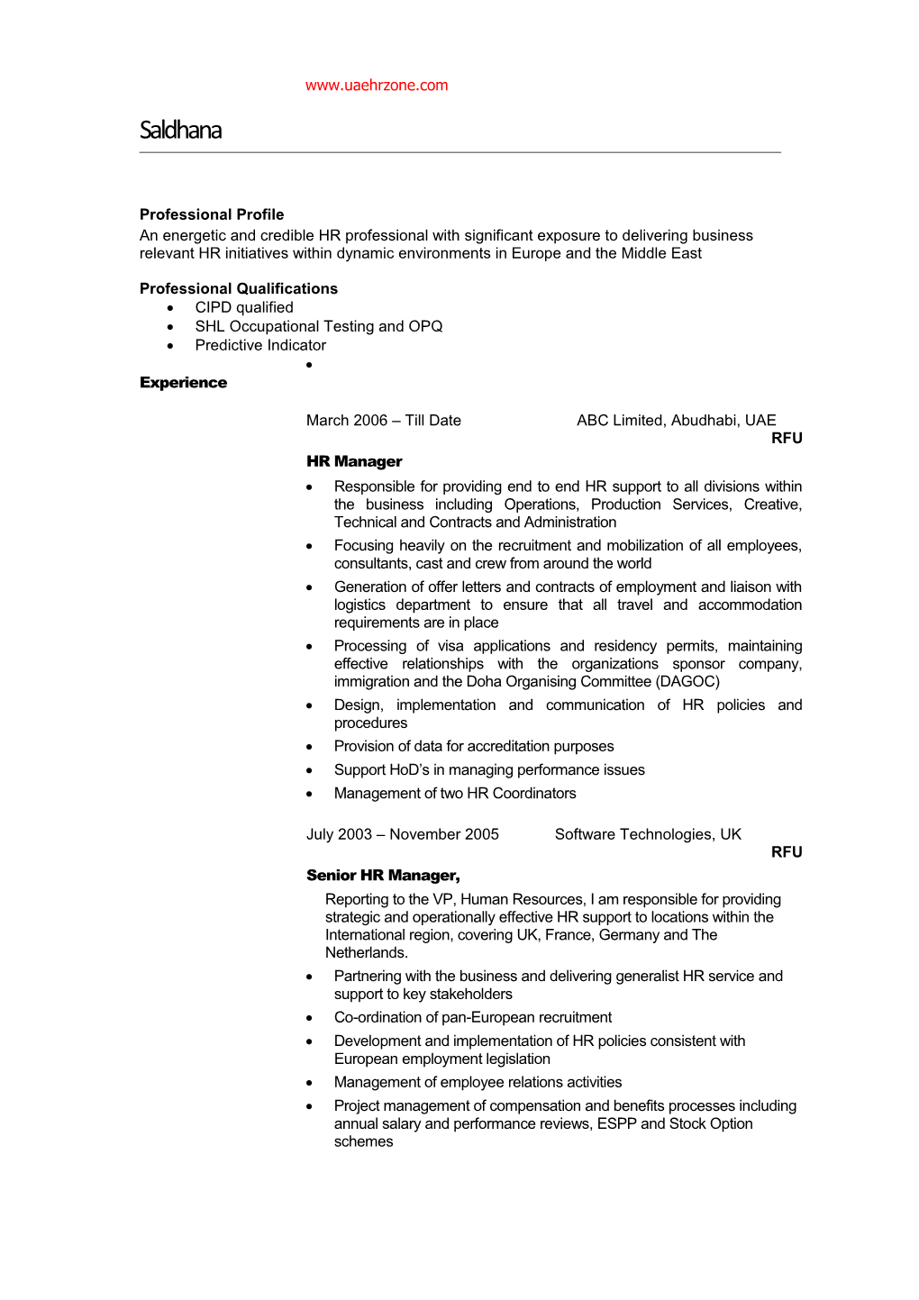 Sample CV- HR Manager/Senior HR Professional