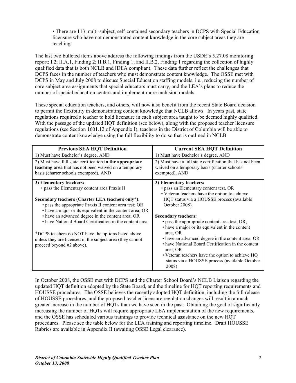 District of Columbia Statewide Highly Qualified Teacher Plan (MS Word)