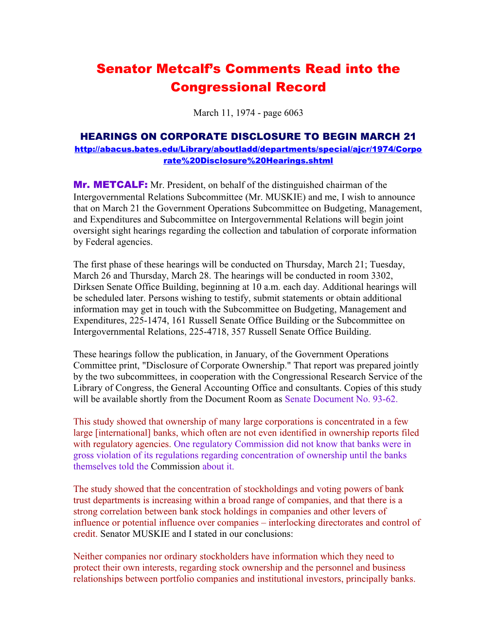Senator Metcalf S Comments Read Into the Congressional Record