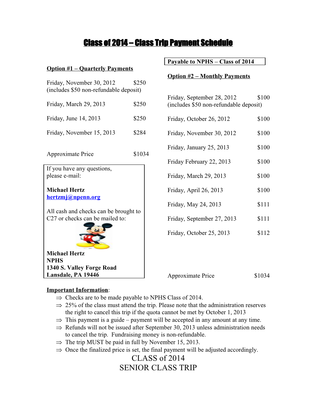 Class of 2011 Class Trip Payment Schedule