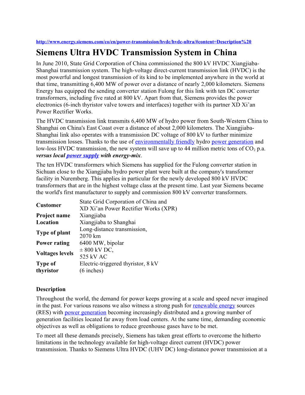 Siemens Ultra HVDC Transmission System in China