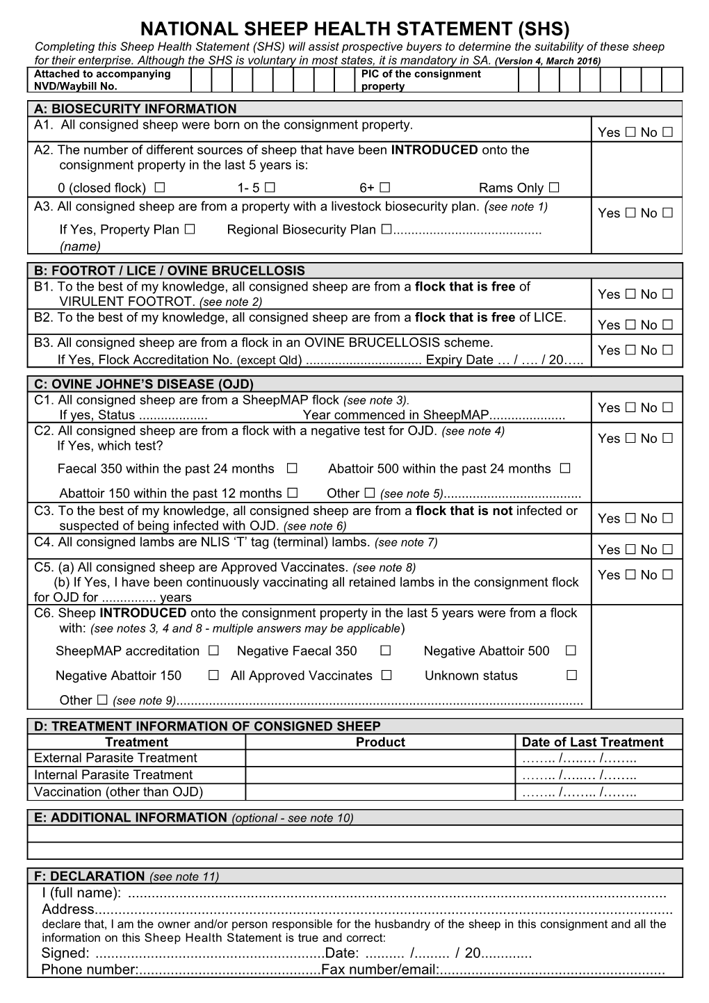 National Sheep Health Statement (Shs)