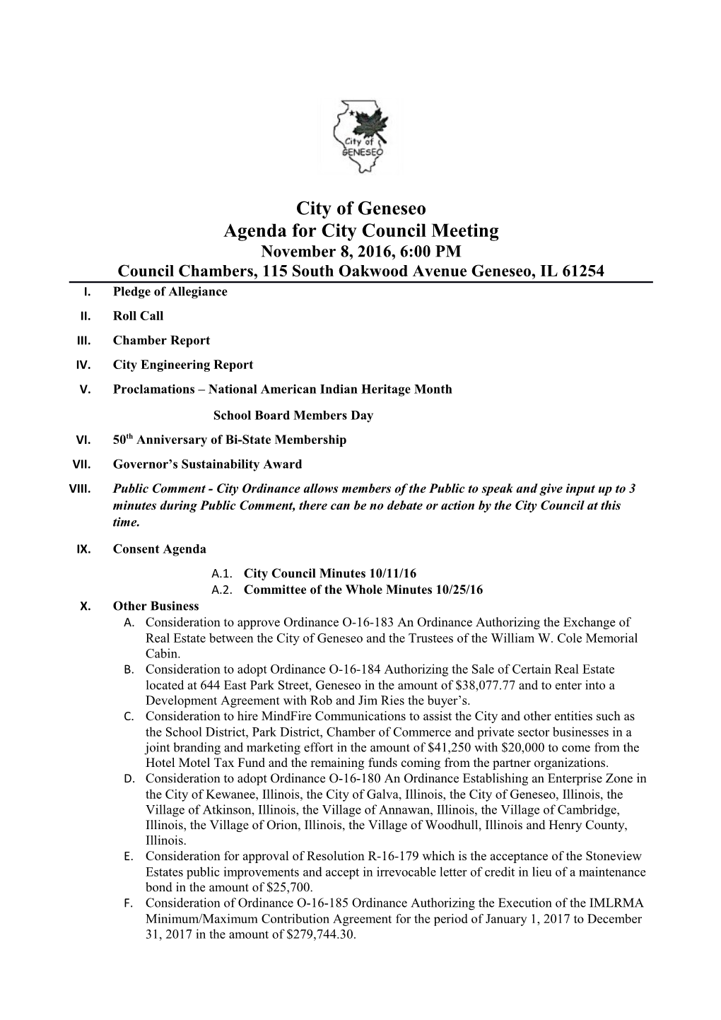 Agenda for City Council Meeting