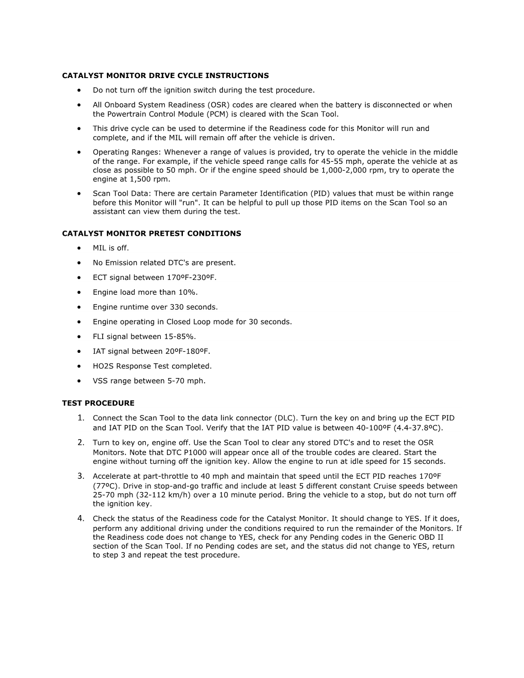 Catalyst Monitordrive Cycle Instructions