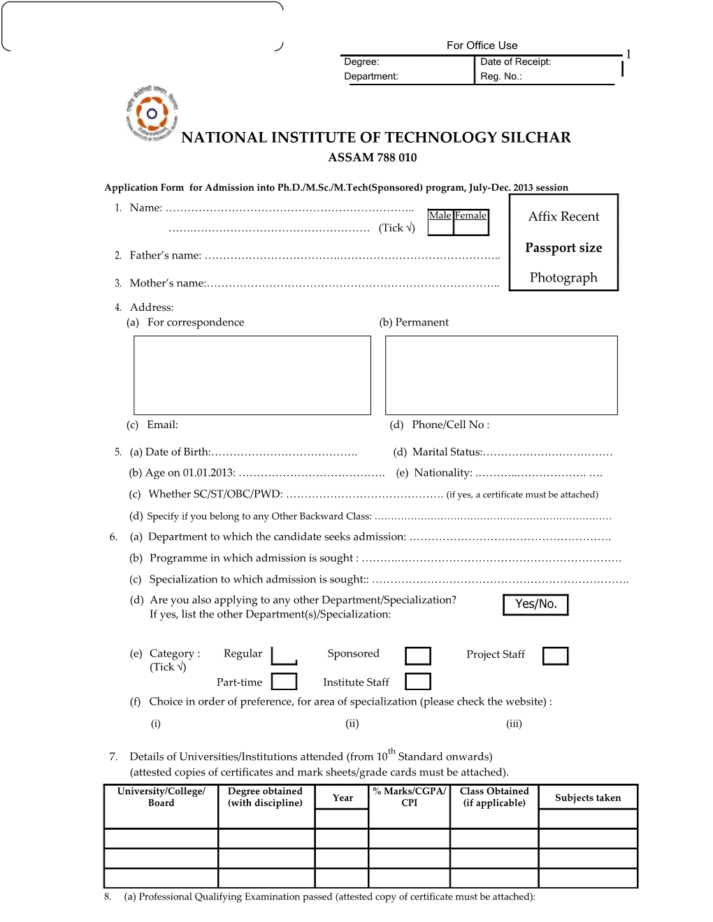 Application Form for Admission Into Ph.D./M.Sc./M.Tech(Sponsored)Program, July-Dec. 2013