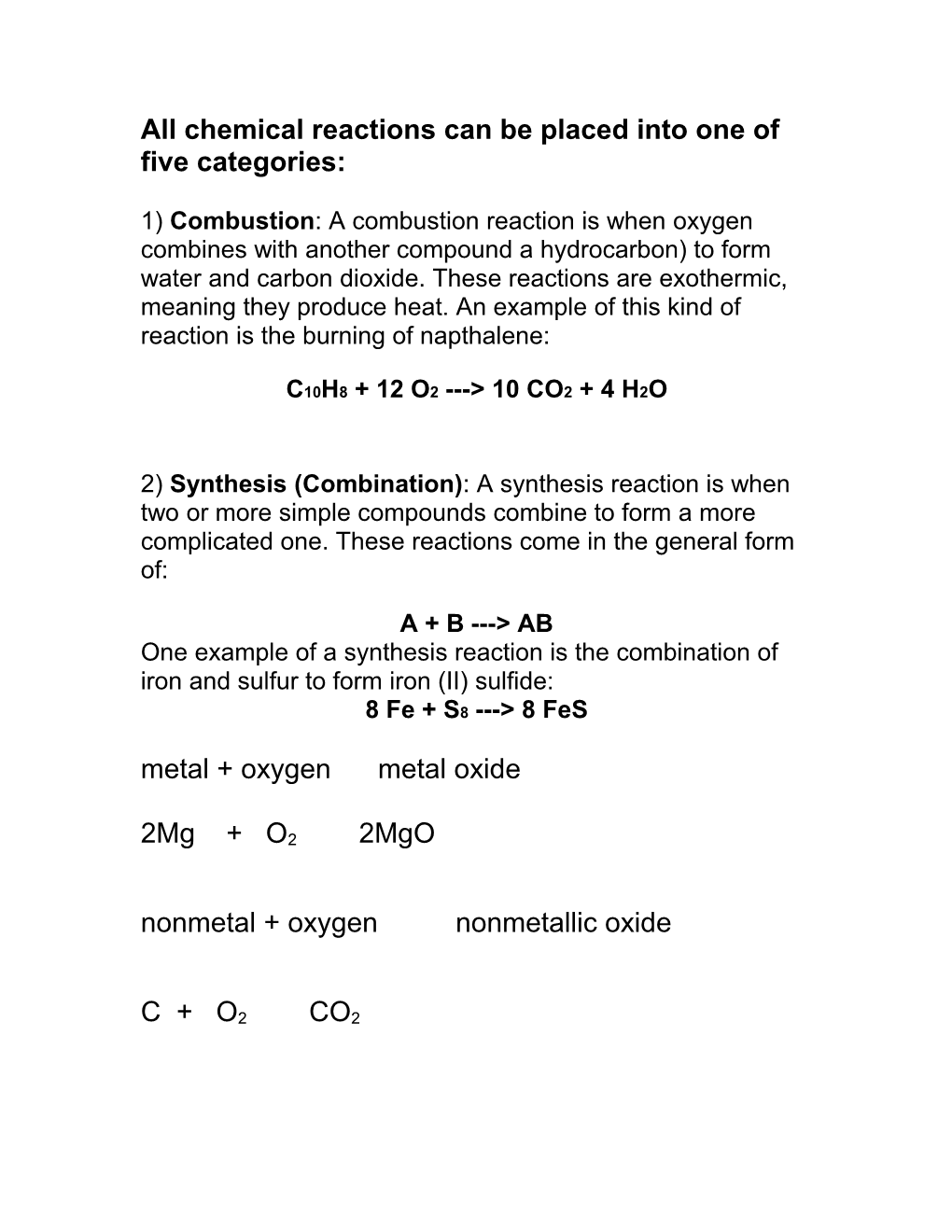 All Chemical Reactions Can Be Placed Into One of Five Categories