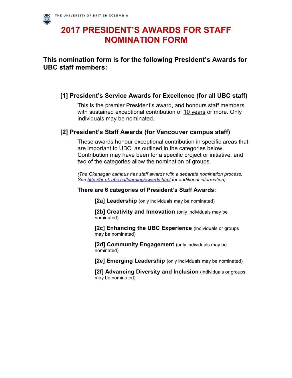 UBC President's Awards for Staff Nomination Form