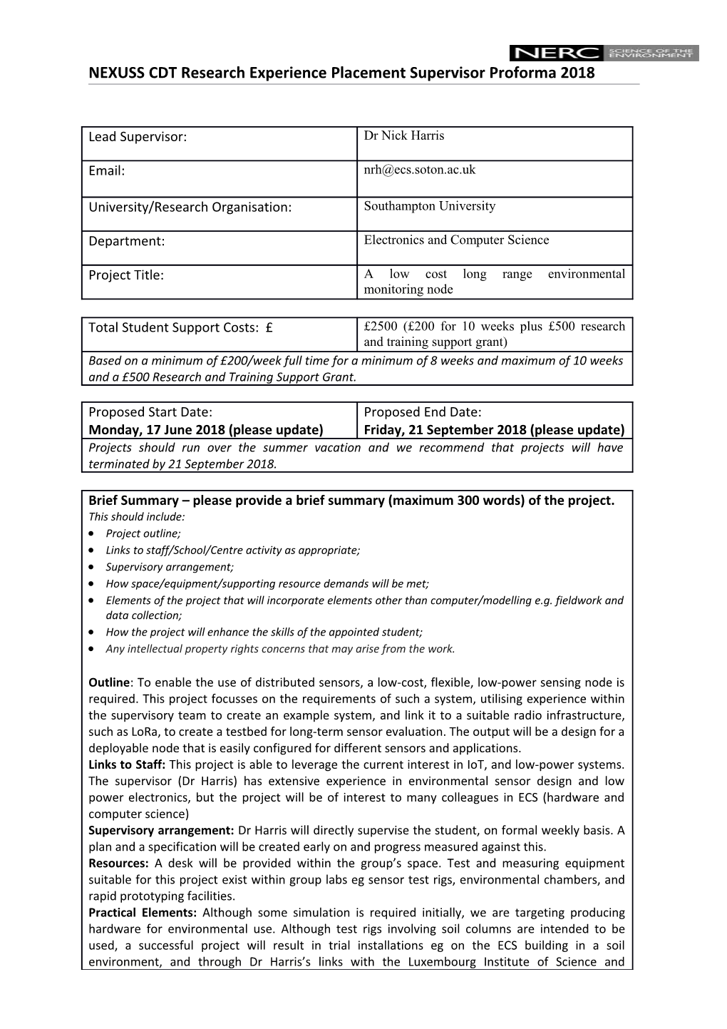 NEXUSS CDT Research Experience Placement Supervisor Proforma 2018