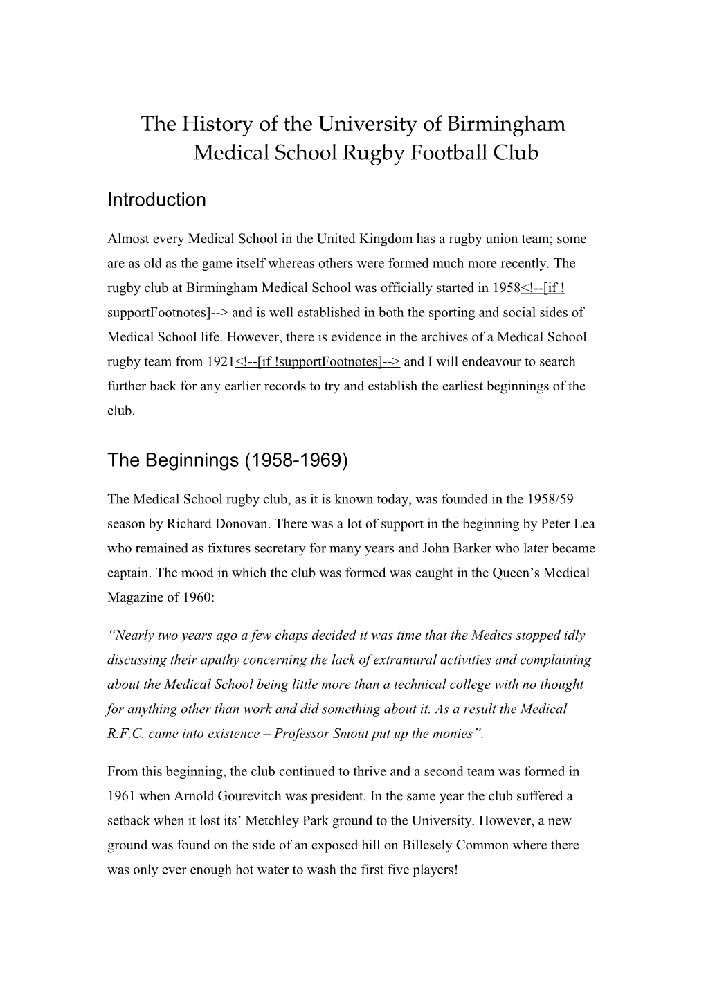 The History of the University of Birmingham Medical School Rugby Football Club